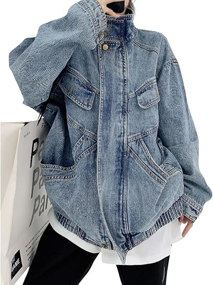 chouyatou Women's Oversized Stand Collar Shacket Jean Jacket Zip Up Distressed Frayed Denim Jacke... | Amazon (US)