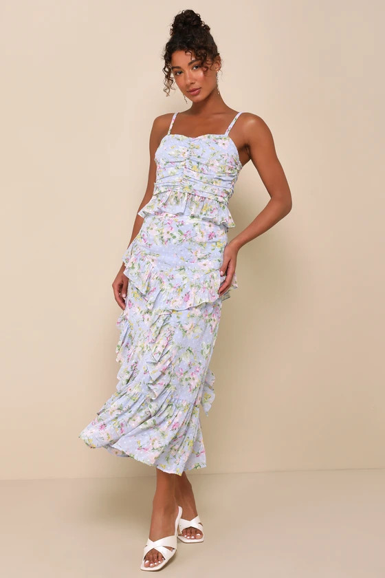 Easily Beloved Light Blue Floral Ruffled Asymmetrical Maxi Skirt | Lulus