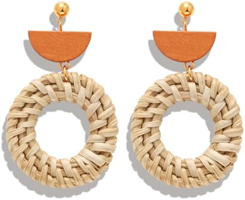 Boho Raffia Earrings for Women, Handmade Woven Straw Statement Dangle Earrings Lightweight Summer... | Amazon (US)