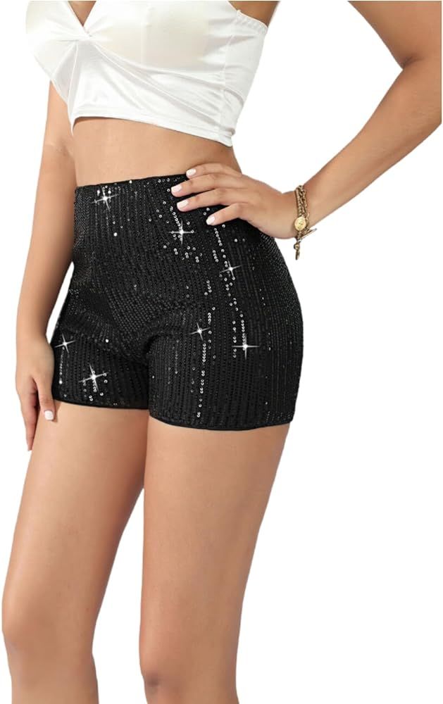 UOIGHF Women's Sequins Elastic Waist Sparkly Straight Leg Shorts Glitter Party Shorts Hot Pants P... | Amazon (US)