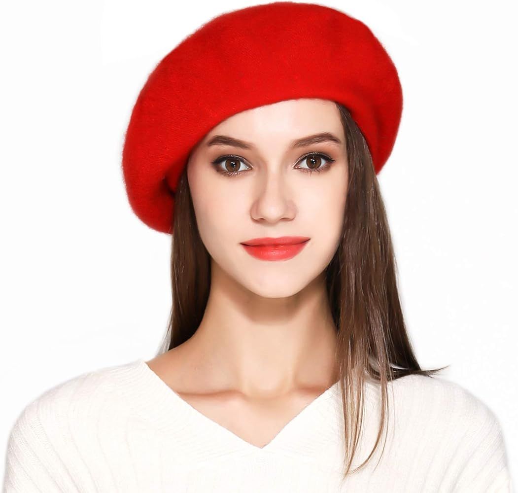 Jeicy Wool Beret Hat Solid Color French Beret with Skily Scarf and Brooch | Amazon (US)
