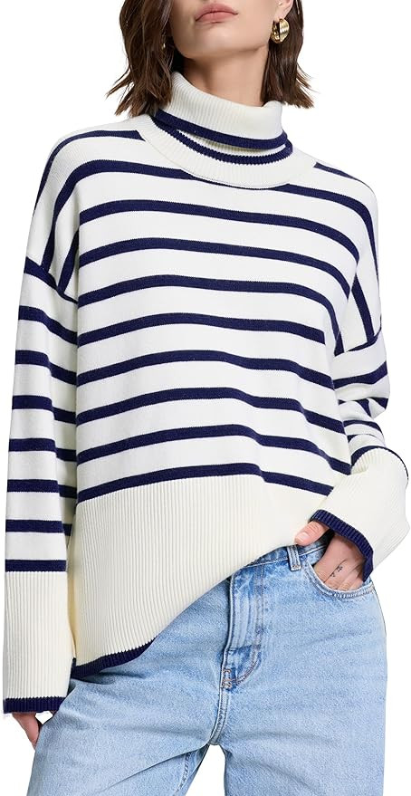 kayamiya Women's Turtleneck Oversized Sweaters Long Sleeve Pullover Knit Tops Split Hem | Amazon (US)