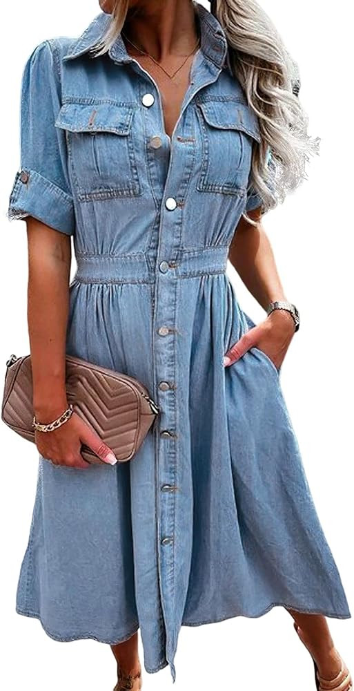 Women's Denim Midi Dress Vintage Casual Short Sleeve Button Down Lapel Swing Midi Jeans Dress wit... | Amazon (US)