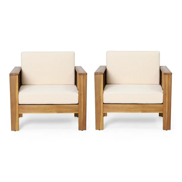 Lithonia Acacia Wood Outdoor Club Chairs with Cushions, Set of 2, Teak and Cream | Walmart (US)