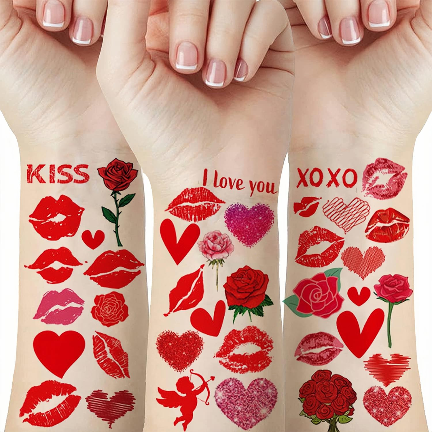 Valentines Day Temporary Tattoo Adult Kids, Red Heart Lip Fake Tattoos, Rose Angel Arrow Line Hea... | Amazon (US)