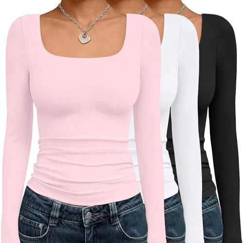 AUTOMET 3 Pack Womens Long Sleeve Shirts Fall Fashion Scoop Neck Crop Tops Basic Layer Slim Fit Y2K Clothes Black White Pink S | Amazon (US)