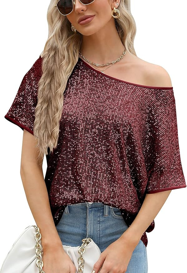 Sucolan Women's Sequin Tops Sparkly Glitter Blouses Sequined Short Sleeve Shirts for Holiday Club... | Amazon (US)