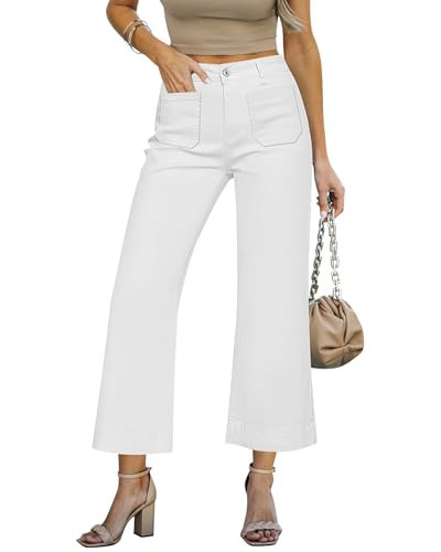 LookbookStore Womens Jeans Stretchy Wide Leg Pants Petite White Jeans for Women Capri Pants Wide Leg Pants Size X-Small Size 0 2 | Amazon (US)