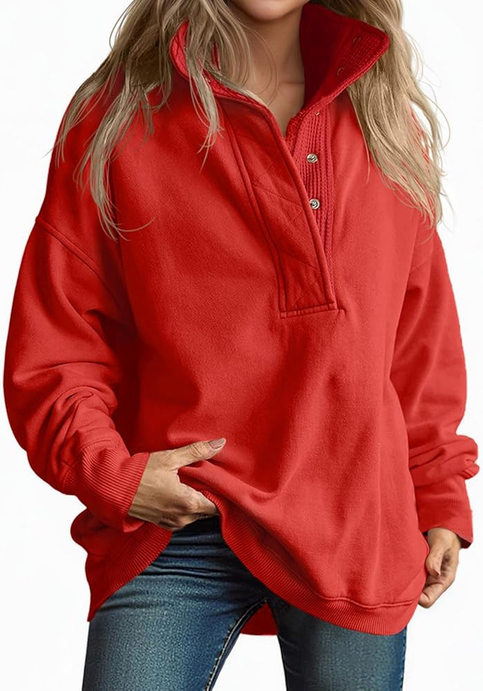Fisoew Womens Oversized Sweatshirt Casual Snap Stand Collar Long Sleeve Pullover Tops Fall Travel... | Amazon (US)