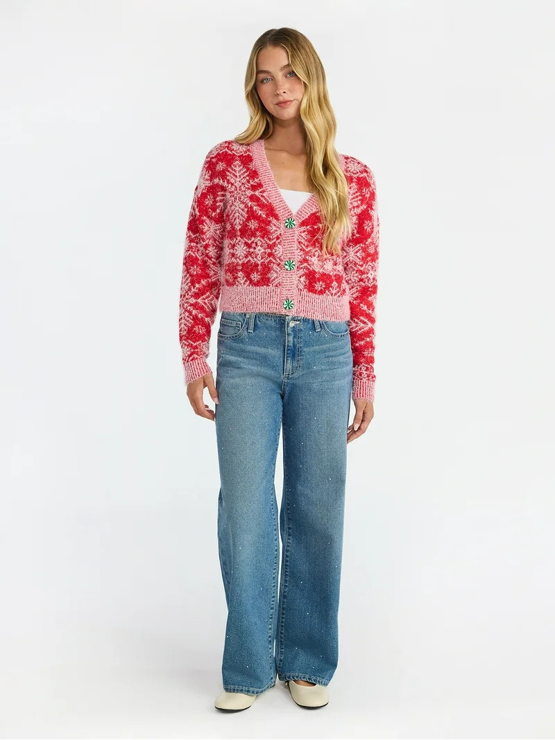 No Boundaries Embroidered Christmas Cardigan, Women's & Women's Plus | Walmart (US)