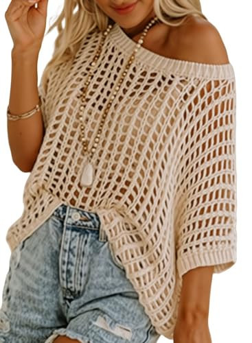 Dokotoo Womens Casual Spring Summer Crochet Hollow Out Sweaters Top 2026 Off Shoulder Pullover Shirt Short Sleeve Lightweight Knit Tops Beach Cover Ups for Women Apricot Medium | Amazon (US)