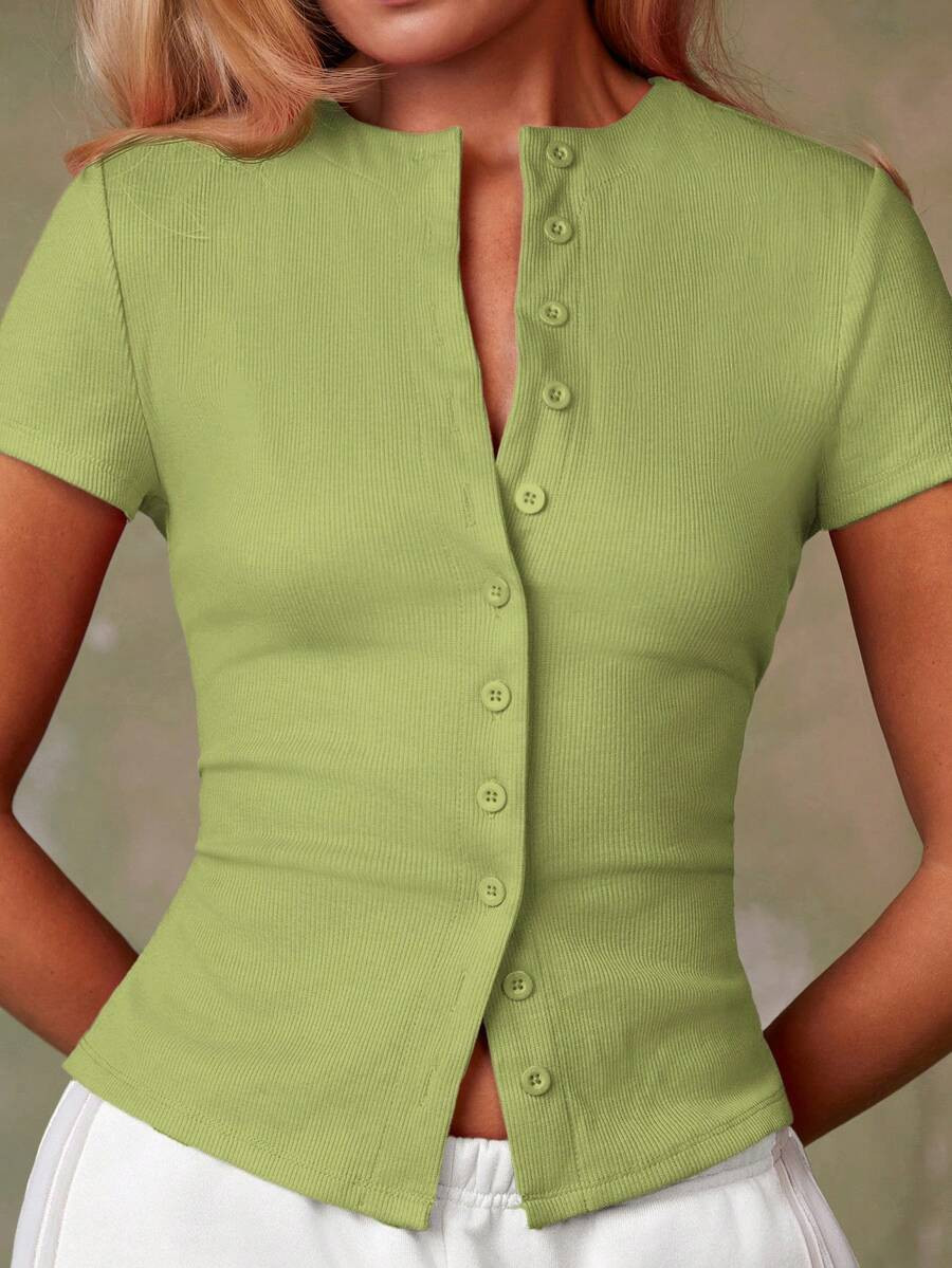 Athîral Women's Casual Green Short-Sleeved Single-Breasted Shirt, Casual Orange Top, Women's Sho... | SHEIN