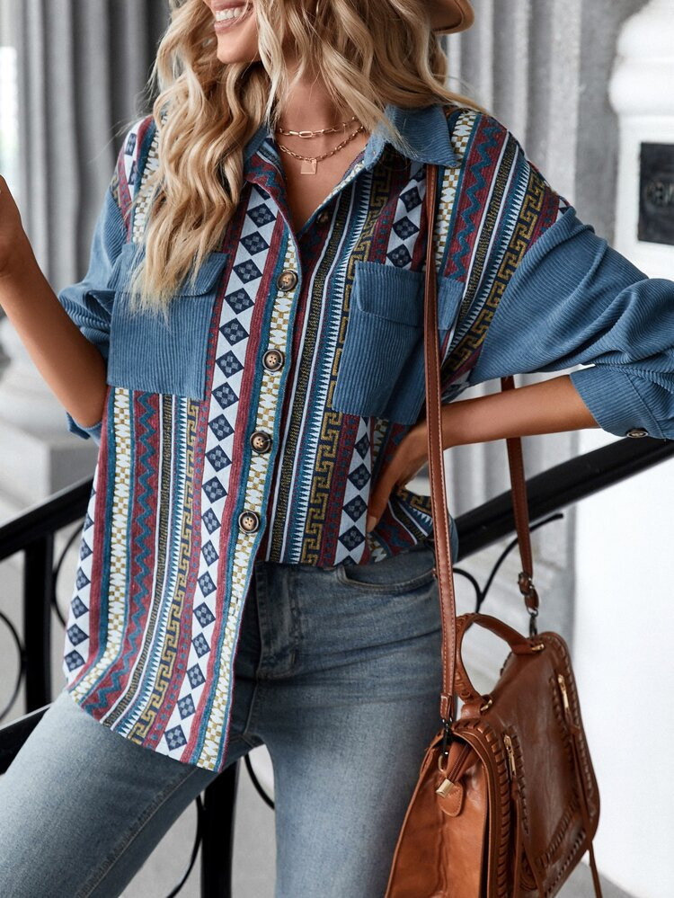 Geo Print Drop Shoulder Flap Pocket Coat | SHEIN