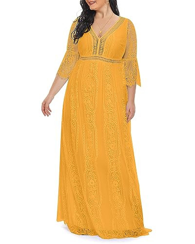 Women Plus Size Bridesmaid Dresses Maxi Long Lace Maternity Photoshoot Wedding Bohemian Bridal Shower Country Dress Mustard Yellow | Amazon (US)