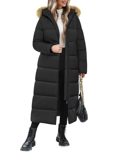Wiepux Long Winter Puffer Coat for Women Winter Faux Fur Quilted Jackets with Hood Maxi Length Outerwear,Black,S | Amazon (US)
