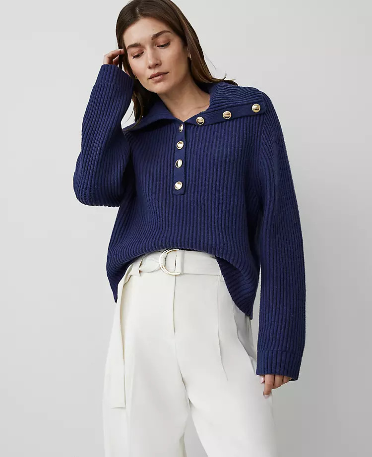 Petite Ribbed Button Sweater | Ann Taylor