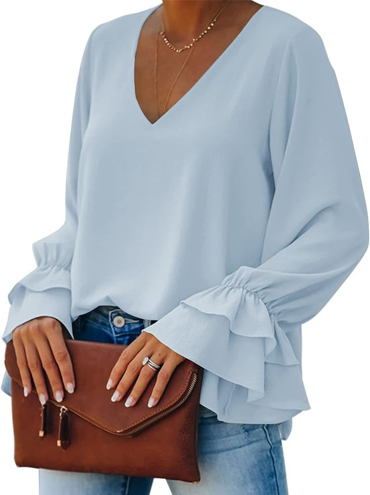 LYANER Women's Casual V Neck Tiered Ruffle Bell Long Sleeve Blouse Shirt Tunic Top | Amazon (US)