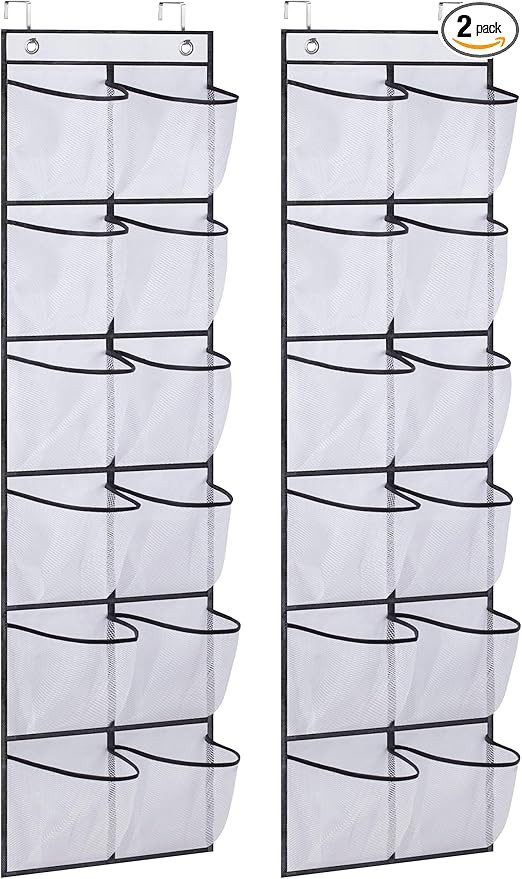 MISSLO Over The Door Shoe Organizer 12 Large Mesh Pockets Hanging Narrow Closet Door, White, 2 Pa... | Amazon (US)