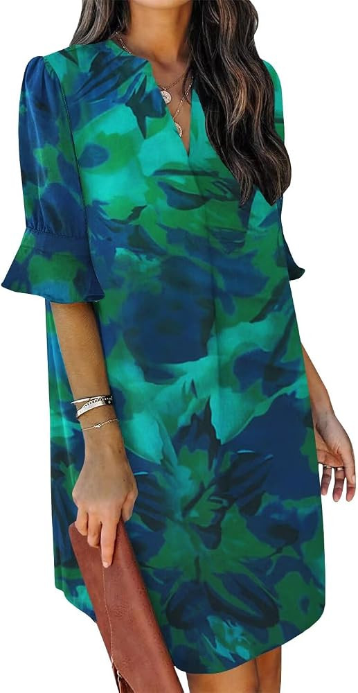 QACOHU Summer Dresses for Women V Neck Ruffle Short Sleeve Casual Shift Dress | Amazon (US)