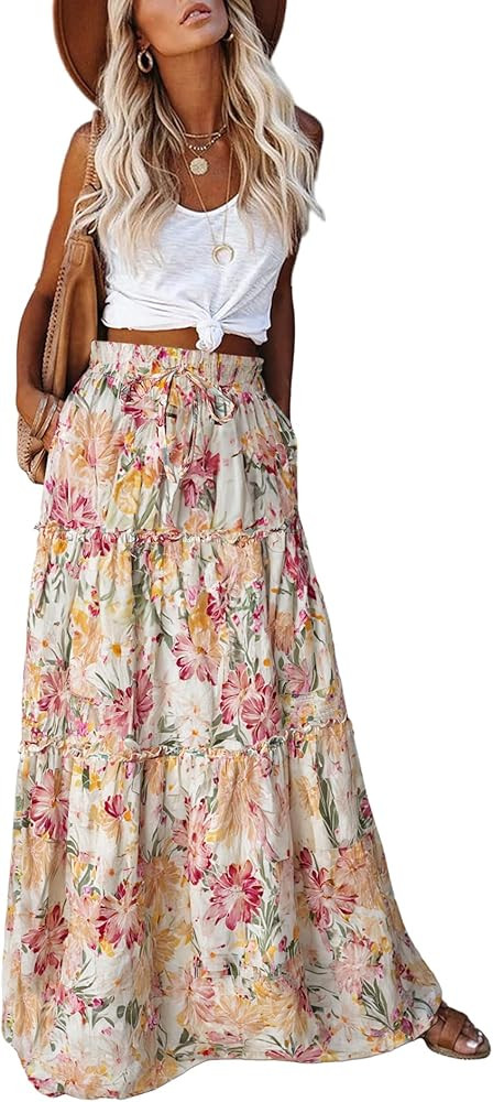 EARKOHA Womens Casual High Waist Tie Paisley Print Long Maxi Skirt with Pockets | Amazon (US)