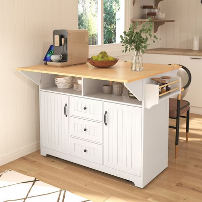 Okak Kitchen Island with 2 Drop Leaf and Power Outlet, 5 Wheels Kitchen Cart with Spice, Towel Rack and 3 Drawers, Rolling Kitchen Island, White | Target