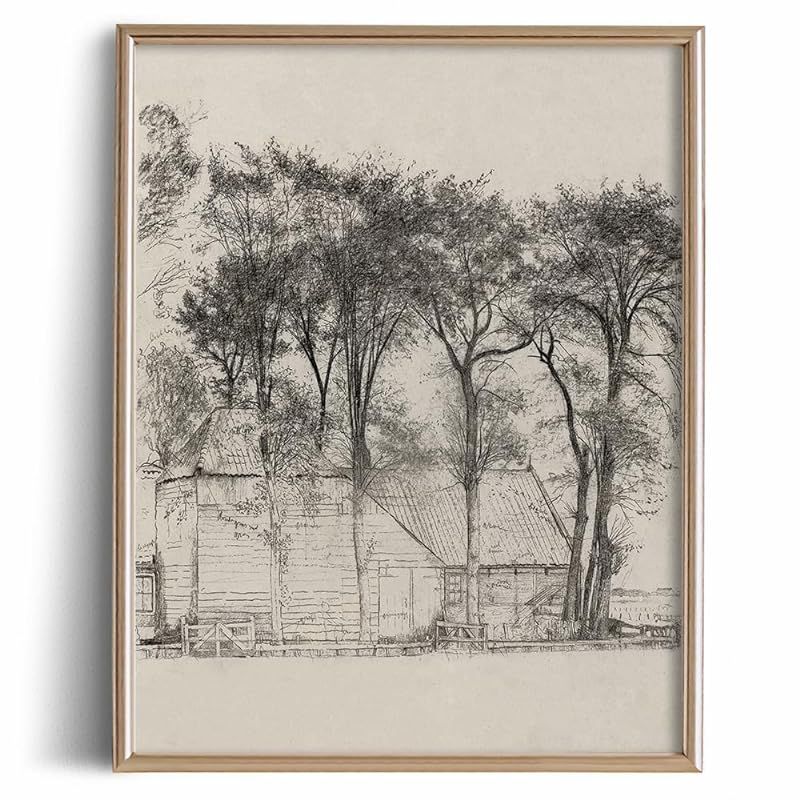 House and Trees Forest Print Poster - Farmhouse Drawing Etching Rustic Gray Picture - Vintage Far... | Amazon (US)