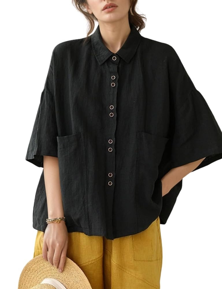 QIBABU Linen Button Down Shirt for Women Casual Half Sleeve Blouses Summer Collared Tops | Amazon (US)