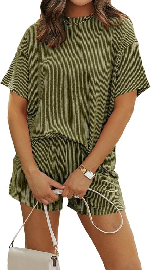 SHEWIN Two Piece Sets for Women Summer Short Sleeve Shirts High Waisted Shorts with Pockets Pajam... | Amazon (US)