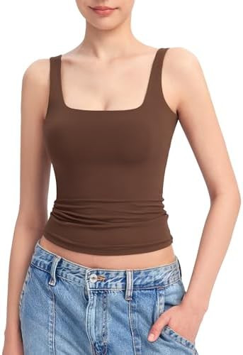 PUMIEY Women's Square Neck Tank Top Sleeveless Double Lined Basic Tops Sharp Collection | Amazon (US)