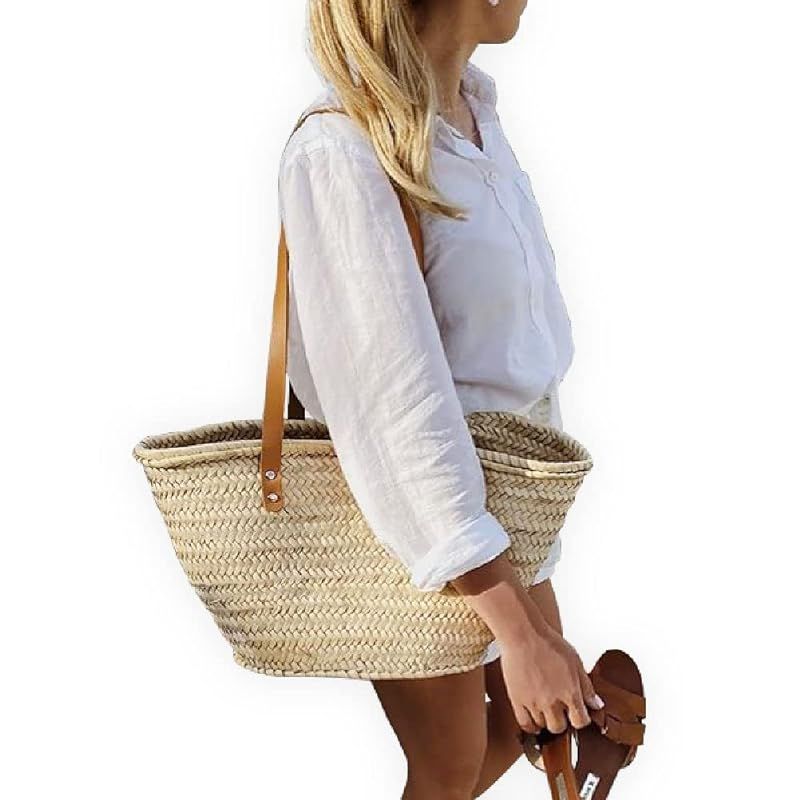 FRENCH BASKET straw bag with leather handles, beach bag, straw bag, beach bag, basket bag, shoppi... | Amazon (US)