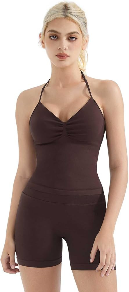 SUUKSESS Women Halter Backless Sports Bra Seamless Padded Ribbed Workout Set Gym Yoga Bra | Amazon (US)