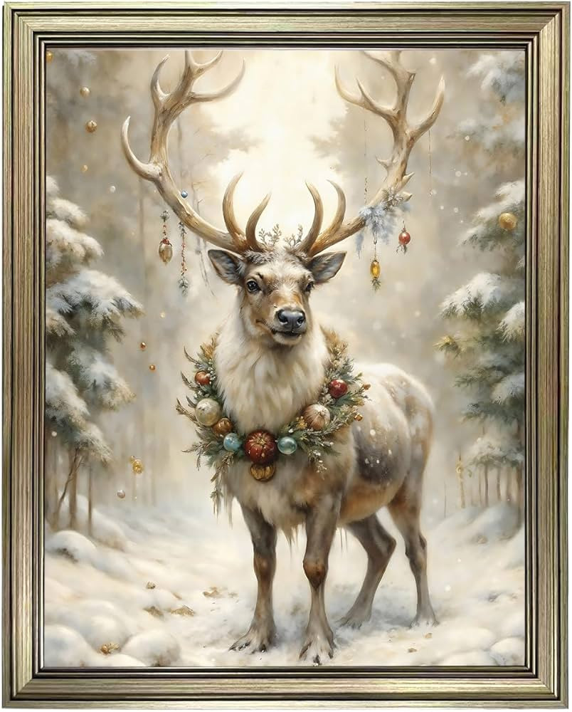 Vintage Framed Reindeer Wall Art Winter Canvas Print Home Decor Deer Picture Painting Christmas D... | Amazon (US)