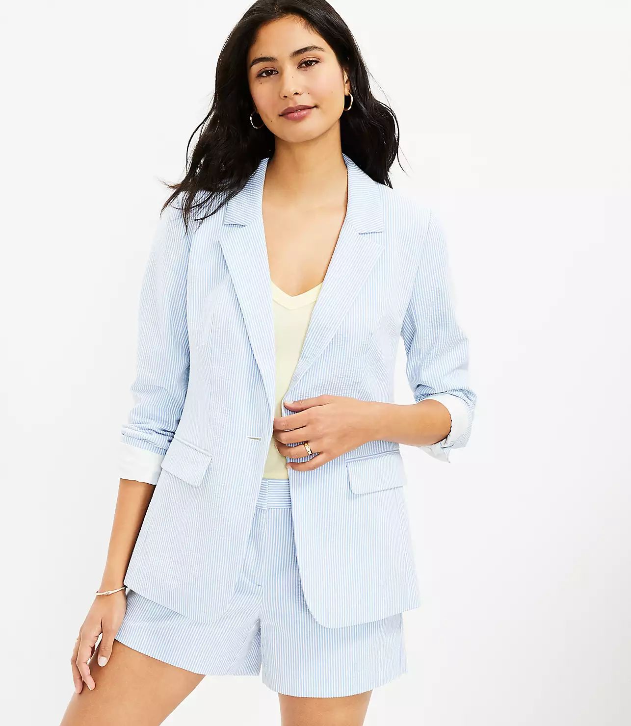 Seersucker Long Modern Blazer | LOFT