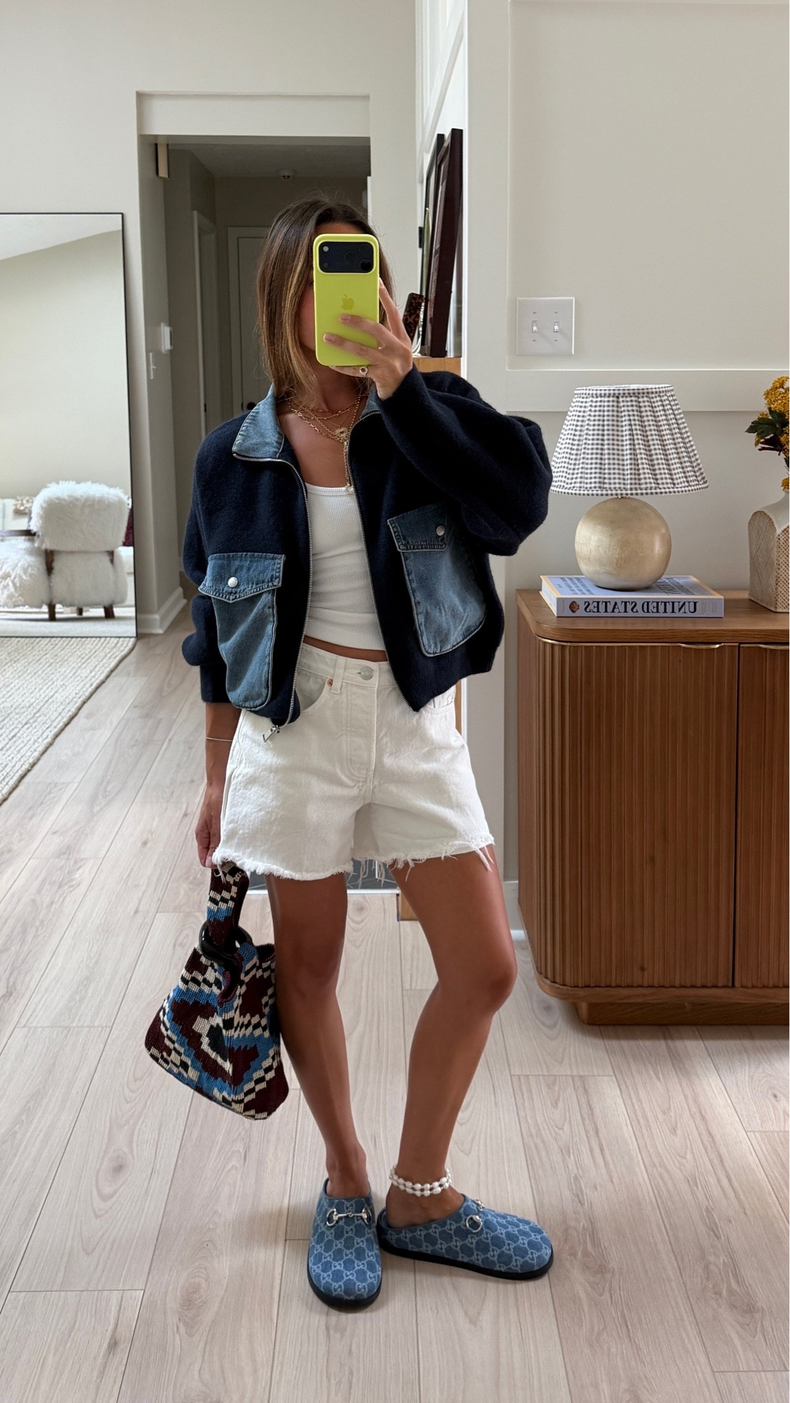 XS jacket and tank, 23 shorts! I love this jacket the navy part is a knit/sweater material