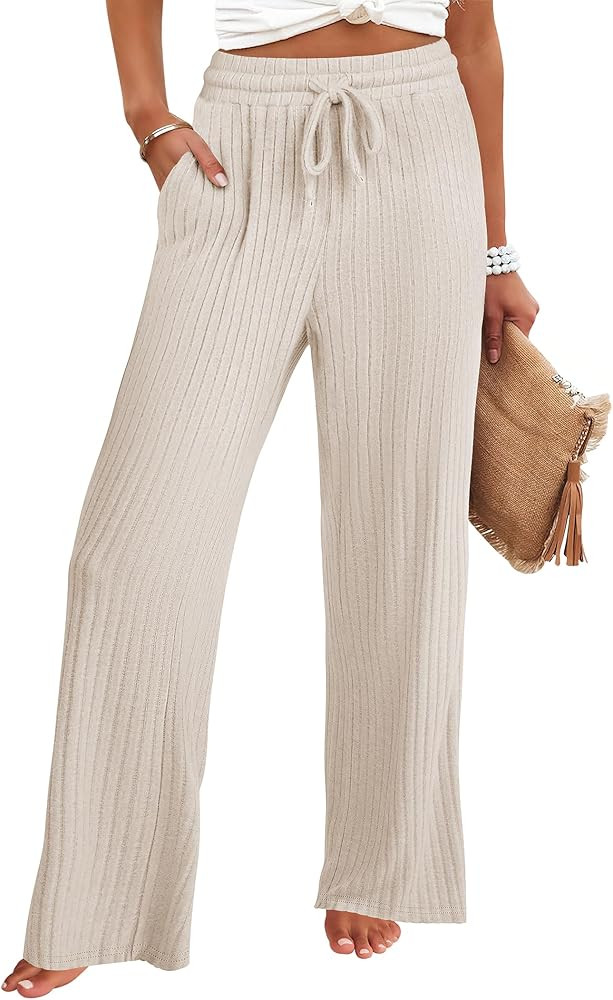 ANRABESS Women Ribbed Knit Pajama Pants with Pockets | Amazon (US)