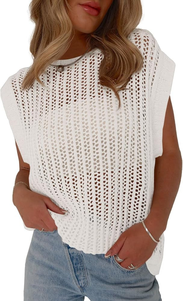 Fisoew Womens Crochet Tops Cap Sleeve Crew Neck Summer Sweaters Lightweight Hollow Out Beach Cove... | Amazon (US)