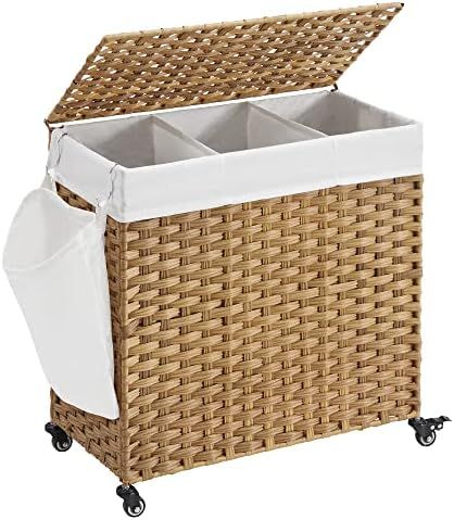 SONGMICS Laundry Hamper, Handwoven Laundry Basket, 140L Rattan Style with 3 Compartments, Removable  | Amazon (US)