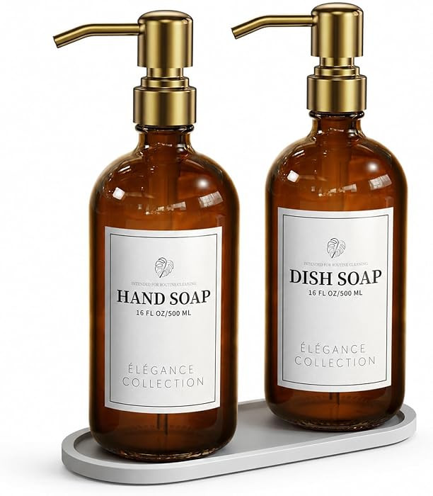 Fachixy Amber Glass Soap Dispenser (2 Pack), 16 Fl Oz Hand & Dish Soap Dispenser Bottles Set with... | Amazon (US)