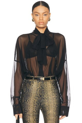 Norma Kamali Super Oversized Boyfriend Shirt Bow Bodysuit in Black | FWRD 