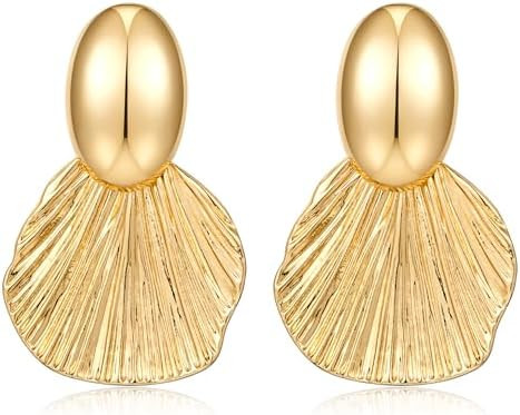 Gold Plated Earrings Dangle Chunky Fan-shaped Earrings Shell Earring for Women Two-Tone Fashion S... | Amazon (US)