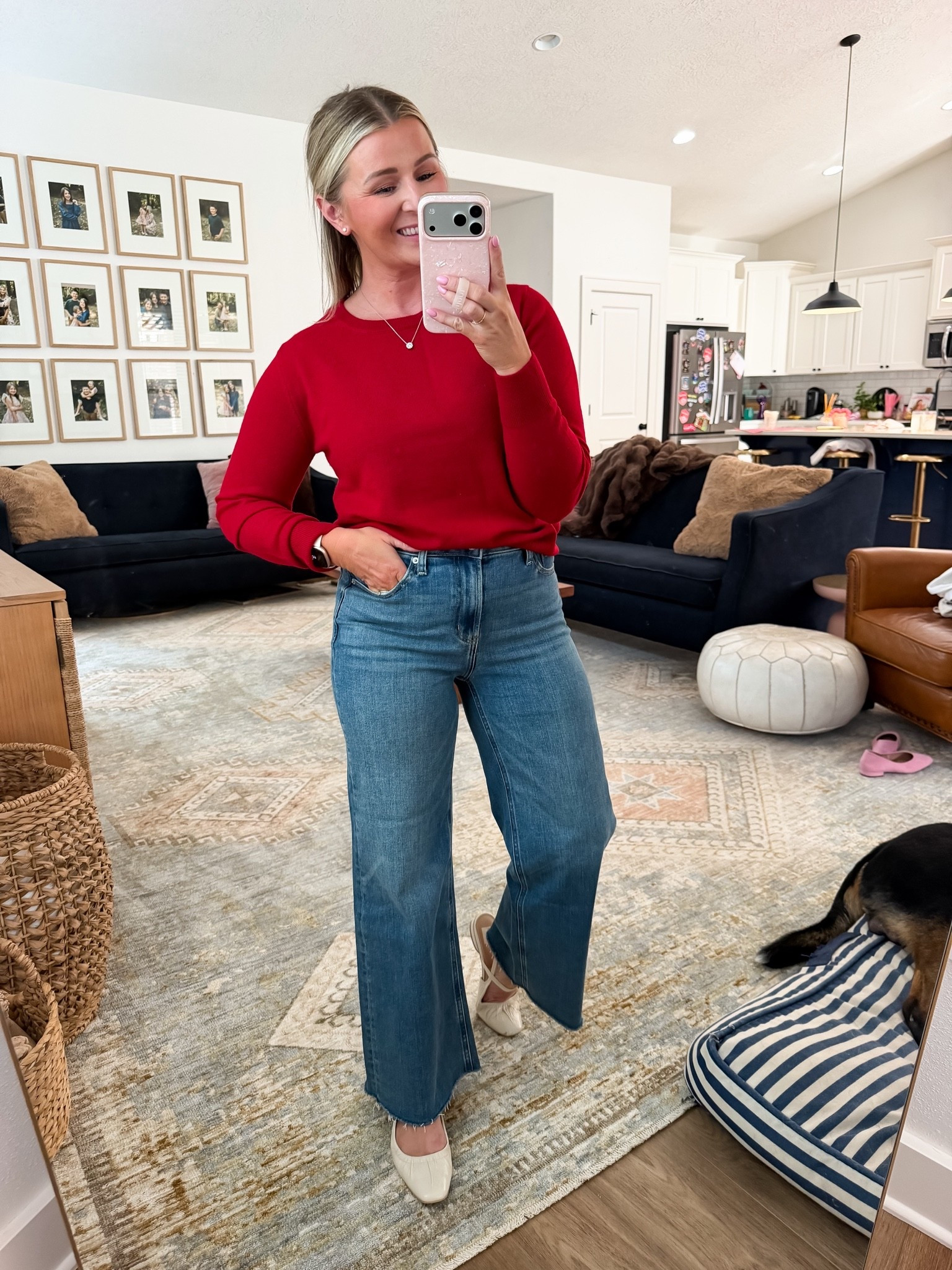These @Quince are so similar to my favorite $250 jeans but these are only $50! TTS. Wearing the short but kind of wish I did the regular length 
Medium cashmere sweater. This red is gorgeous and perfect for fall through winter. 
These will be wardrobe staples!

#LTKootd #LTKOver40 #LTKPetite