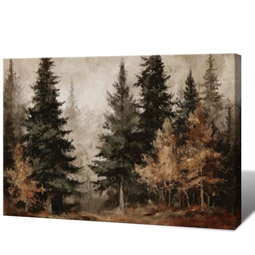Framed Autumn Woodland Wall Art Canvas Print, Vintage Pine Forest Landscape Painting Poster, Neutral Rustic Nature Decor for Cabin Living Room Bedroom 20x30 inch | Amazon (US)