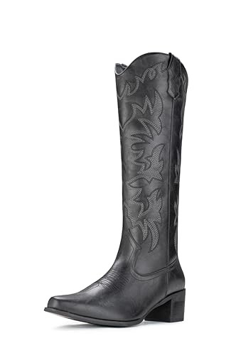 IUV Cowboy Boots For Women Wide Width Knee High Western Cowgirl Boots Snip Toe Side Zipper Chunky Heel | Amazon (US)