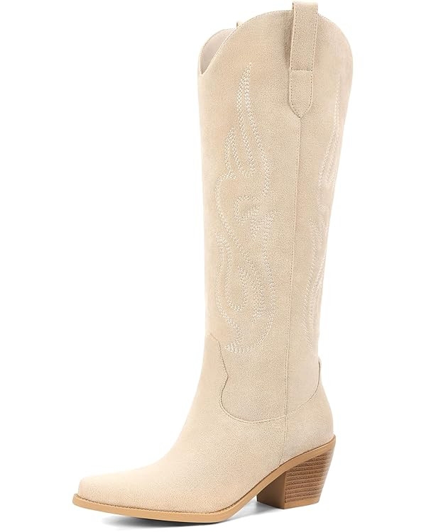 Pasuot Western Cowboy Boots for Women - Knee High Wide Calf Cowgirl Boots, Slip On Pointed Toe Ch... | Amazon (US)