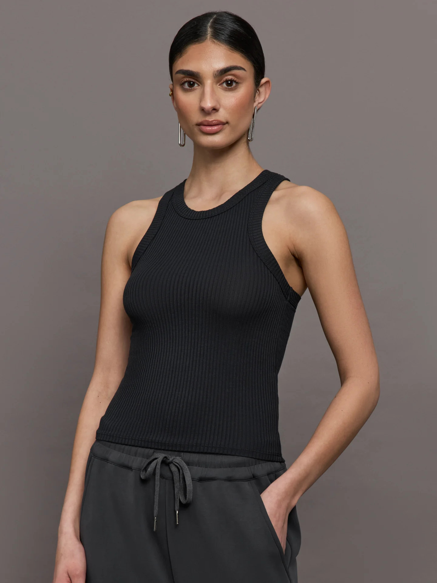 Carbon38 High Neck Fitted Tank In Ribbed Jersey - Black - Size XS | Carbon38