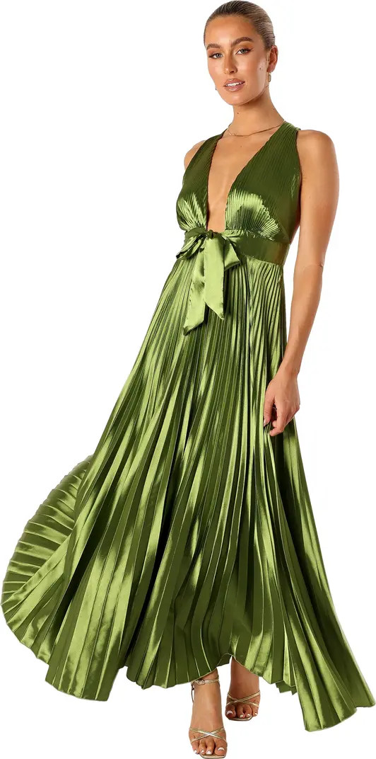 Kris Plunge Neck Pleated Satin Gown | Nordstrom