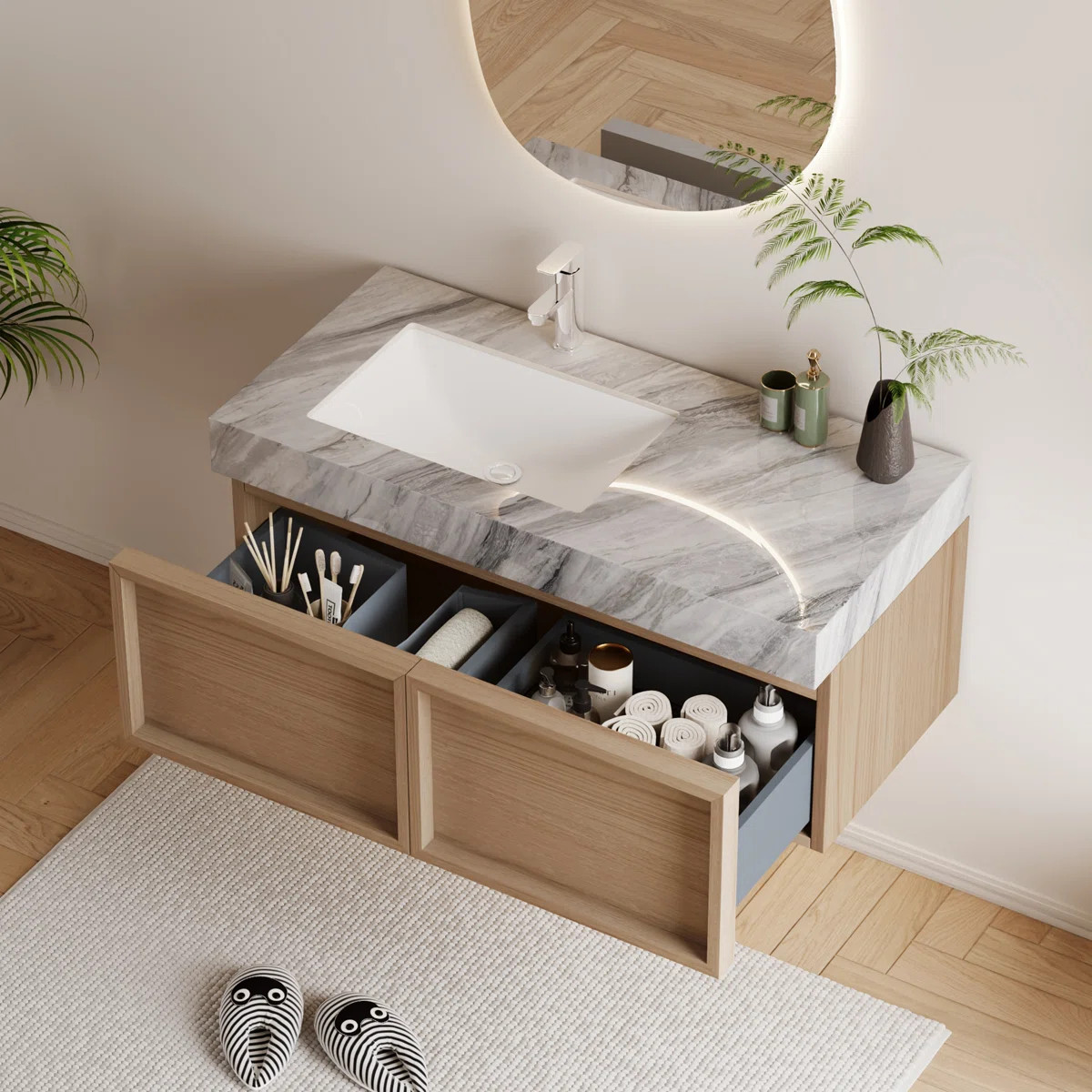 36" Modern Wall Mounted Bathroom Vanity, Sintered Stone Table top with Solid Wood Cabinets, Float... | Wayfair North America