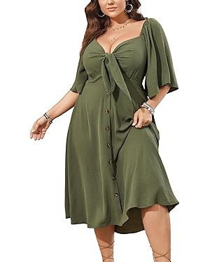 SCOMCHIC Plus Size Summer Dress Casual Ruffle Flared Short Sleeve Bow Tie V Neck Button Down Midi... | Amazon (US)