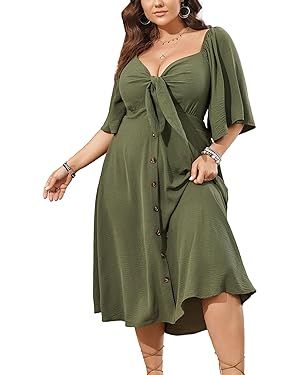 SCOMCHIC Plus Size Summer Dress Casual Ruffle Flared Short Sleeve Bow Tie V Neck Button Down Midi... | Amazon (US)