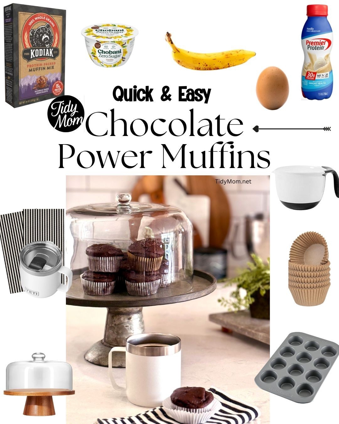 Chocolate Banana Power Muffins are a fast, protein-packed way to fuel your morning—made easy with Kodiak mix, Greek yogurt, and a protein shake. Who needs a snooze button when muffins like this exist?
Ingredients: *1 box Kodiak protein-packed dark chocolate muffin mix.
*5.3 ounce Chobani Zero Sugar vanilla Greek yogurt
*8 ounce vanilla protein shake
*1 egg
*1/3 cup mashed ripe bananas
DIRECTIONS: Heat oven to 375° F. Line a 12-cup muffin pan with paper liners. Spray liners with non-stick cooking spray.
Add all of the ingredients to a large bowl. Using a fork, stir until well combined
Fill paper liners 3/4 full with batter. Baked until a toothpick comes out clean (about 15-20 mins).
Remove from oven and let cool.
Enjoy!! Makes 12 muffins
Baking, muffins, protein , shake, banana, chocolate, recipe, kitchen, cake stand TidyMom 


#LTKHome